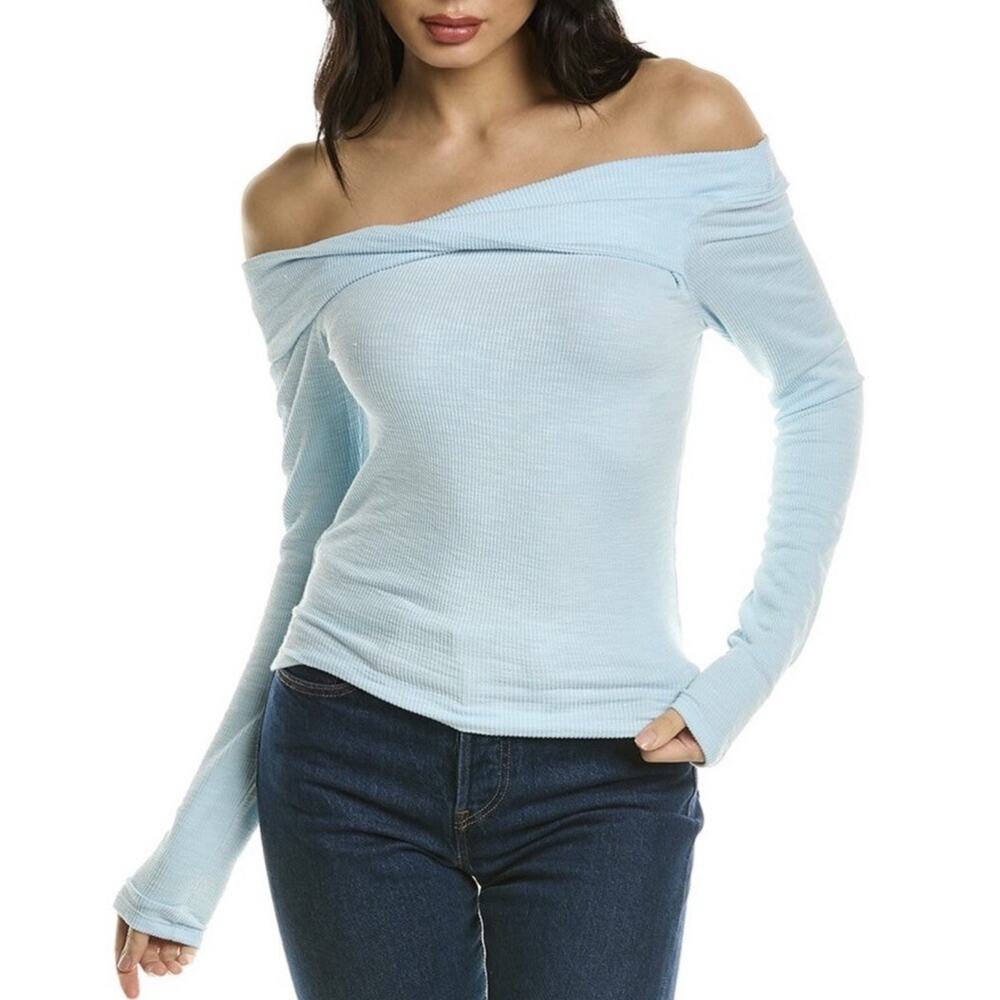 Free People Addie Blue Long Sleeve Off The Shoulder Top Size Large